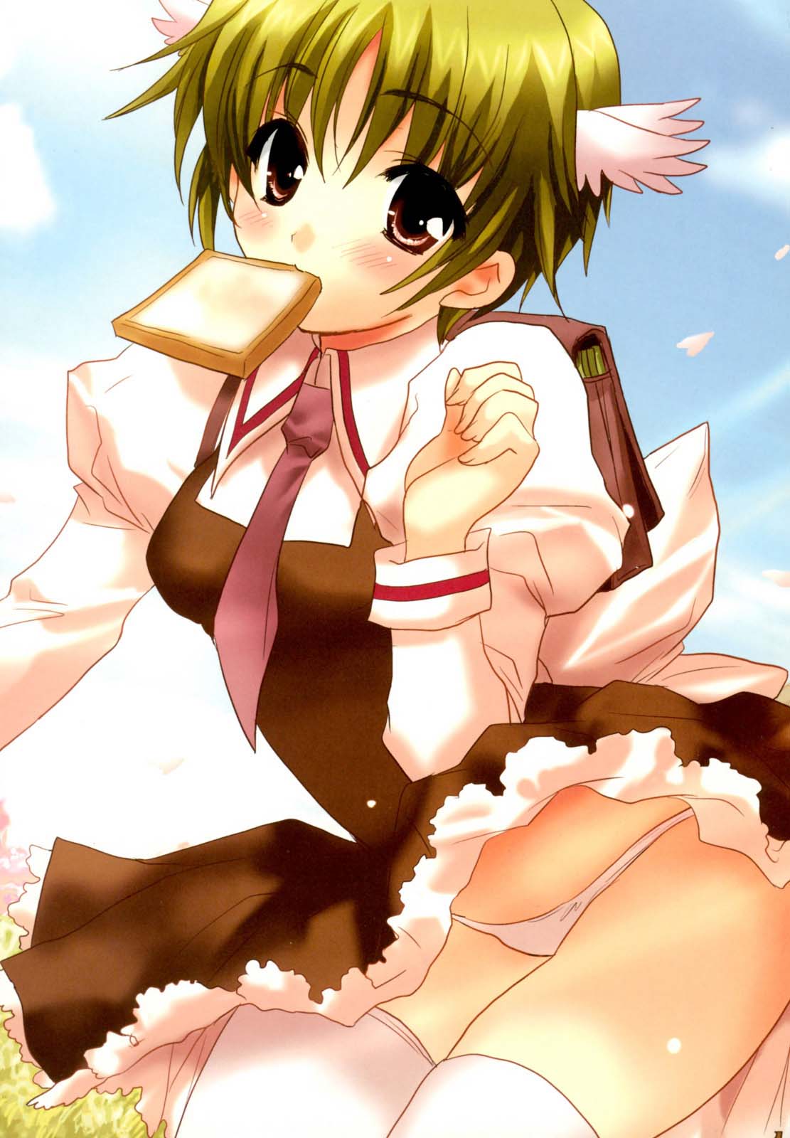 shindou mikeko, highres, 1girl, bread, bread slice, female focus, food, food in mouth, lowleg, lowleg panties, mouth hold, panties, school uniform, serafuku, solo, thighhighs, toast, toast in mouth, underwear, wind, wind lift