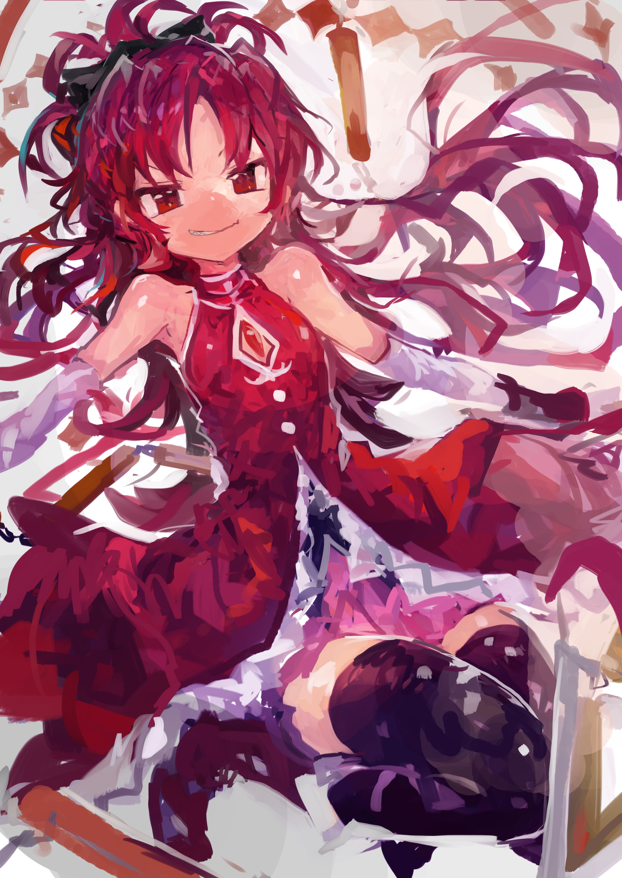 kaamin (mariarose753), sakura kyoko, sakura kyoko (magical girl), mahou shoujo madoka magica, absurdres, highres, 1girl, bare shoulders, black boots, black bow, black thighhighs, boots, bow, chest jewel, detached sleeves, dress, grin, hair bow, long hair, magical girl, pink skirt, ponytail, red dress, red eyes, red hair, skirt, smile, solo, thighhighs, very long hair