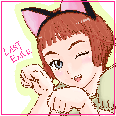 lavie head, saitou chiwa, last exile, tsukuyomi moonphase, lowres, 00s, 1girl, animal ears, blunt bangs, bob cut, cat ears, crossover, female focus, grey eyes, kemonomimi mode, neko no te, nekomimi mode (tsukuyomi), one eye closed, paw pose, red hair, short hair, solo, voice actor connection, wink