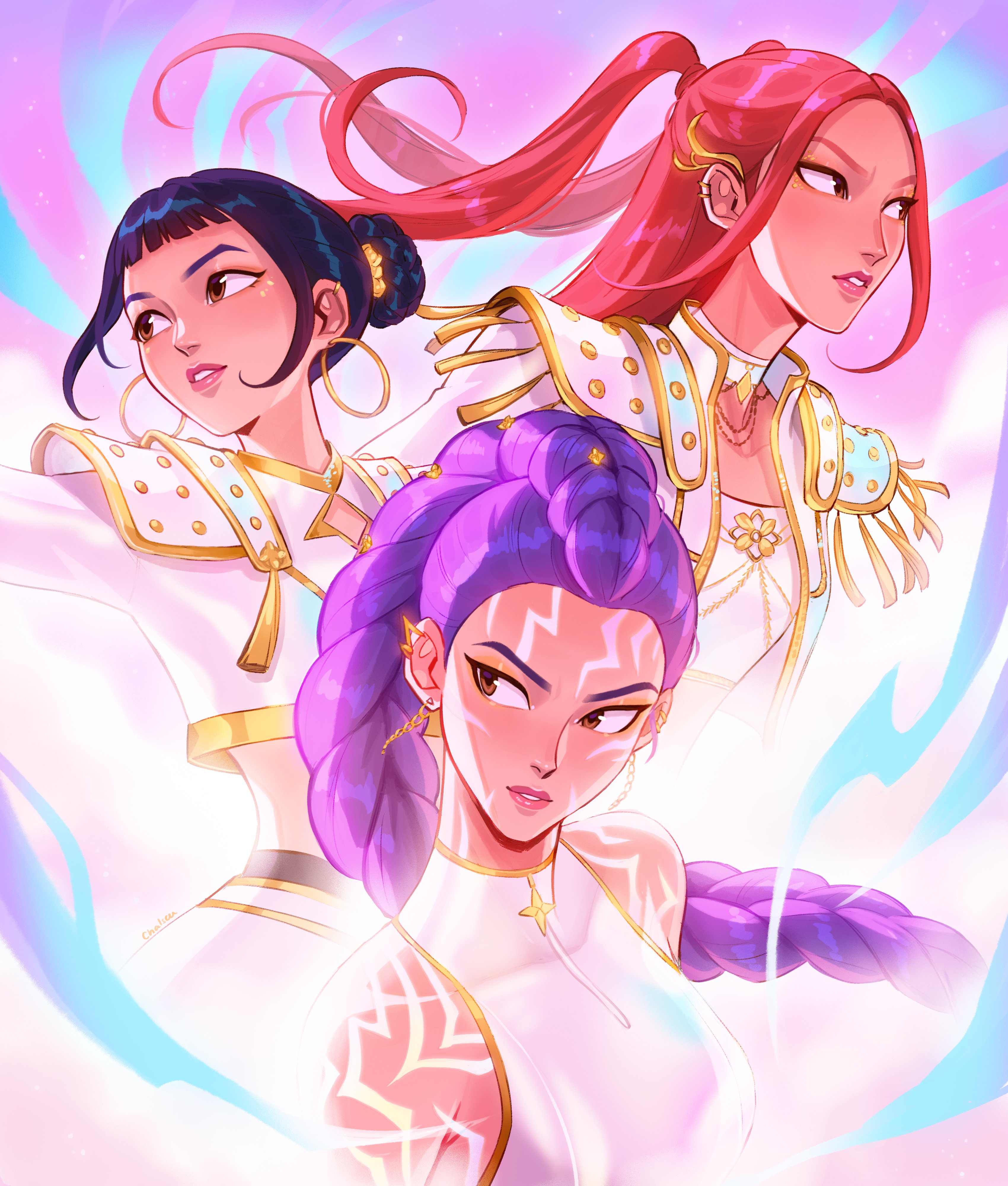 chalseu, mira (kpop demon hunters), rumi (kpop demon hunters), zoey (kpop demon hunters), kpop demon hunters, absurdres, highres, 3girls, black hair, body markings, braid, braided ponytail, crop top, double bun, dutch braided ponytail, earrings, eyeshadow, gold eyeshadow, hair bun, hoop earrings, huntrix, jewelry, long braid, makeup, multiple girls, pink hair, purple hair, short bangs
