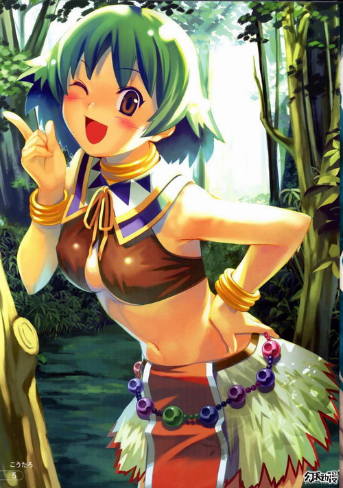 koutaro, morgan (tears to tiara), tears to tiara, 00s, 1girl, bare shoulders, belt, blush, bracelet, breasts, brown eyes, choker, cleavage, crop top, female focus, forest, green hair, hand on own hip, hip focus, jewelry, large breasts, leaning forward, loincloth, midriff, nature, navel, one eye closed, open mouth, outdoors, ribbon, short hair, skirt, smile, solo, tree, wink