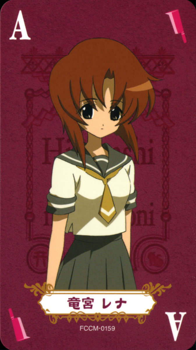 sakai kyuuta, ryuuguu rena, higurashi no naku koro ni, highres, 00s, 1girl, ace (playing card), card, card (medium), character name, female focus, playing card, school uniform, serafuku, solo