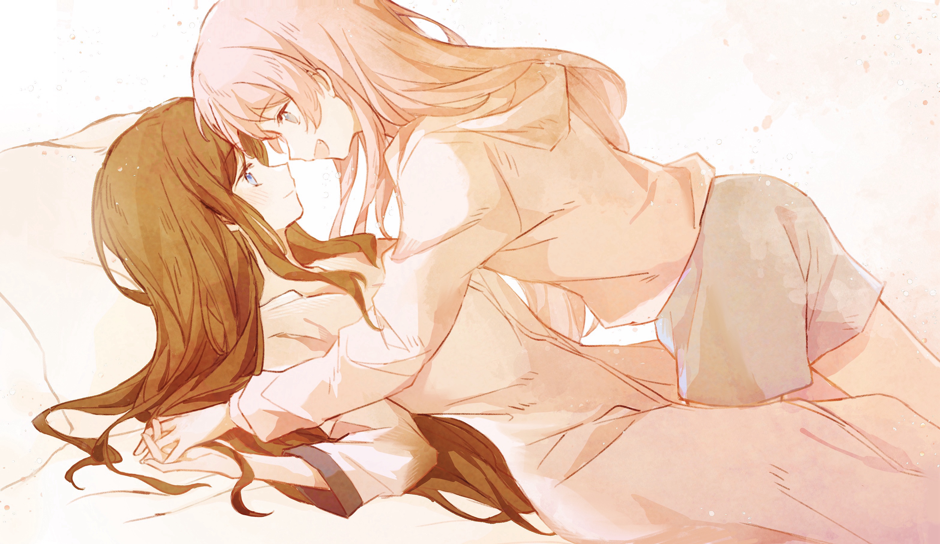 sayasora, chihaya anon, nagasaki soyo, bang dream!, bang dream! it's mygo!!!!!, chinese commentary, commentary request, highres, 2girls, blue eyes, blush, brown hair, closed mouth, eye contact, fang, holding hands, hood, hoodie, interlocked fingers, leg between thighs, long hair, long sleeves, looking at another, multiple girls, open mouth, pink hair, shorts, smile, yuri