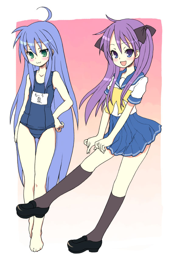 kimarin, hiiragi kagami, izumi konata, lucky star, 00s, 2girls, :3, ahoge, barefoot, blue eyes, blue hair, blush, green eyes, hand on own hip, kneehighs, loafers, long hair, mole, mole under eye, multiple girls, name tag, one-piece swimsuit, purple hair, school swimsuit, school uniform, serafuku, shoes, skirt, socks, swimsuit, very long hair