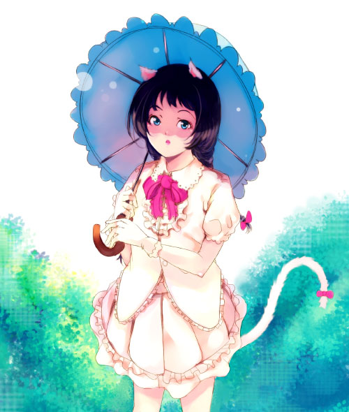 maimu, original, 1girl, animal ears, black hair, blue eyes, cat ears, cat tail, female focus, gloves, hair ribbon, looking at viewer, parasol, puffy short sleeves, puffy sleeves, ribbon, short sleeves, skirt, solo, standing, tail, tress ribbon, umbrella, white gloves, white skirt