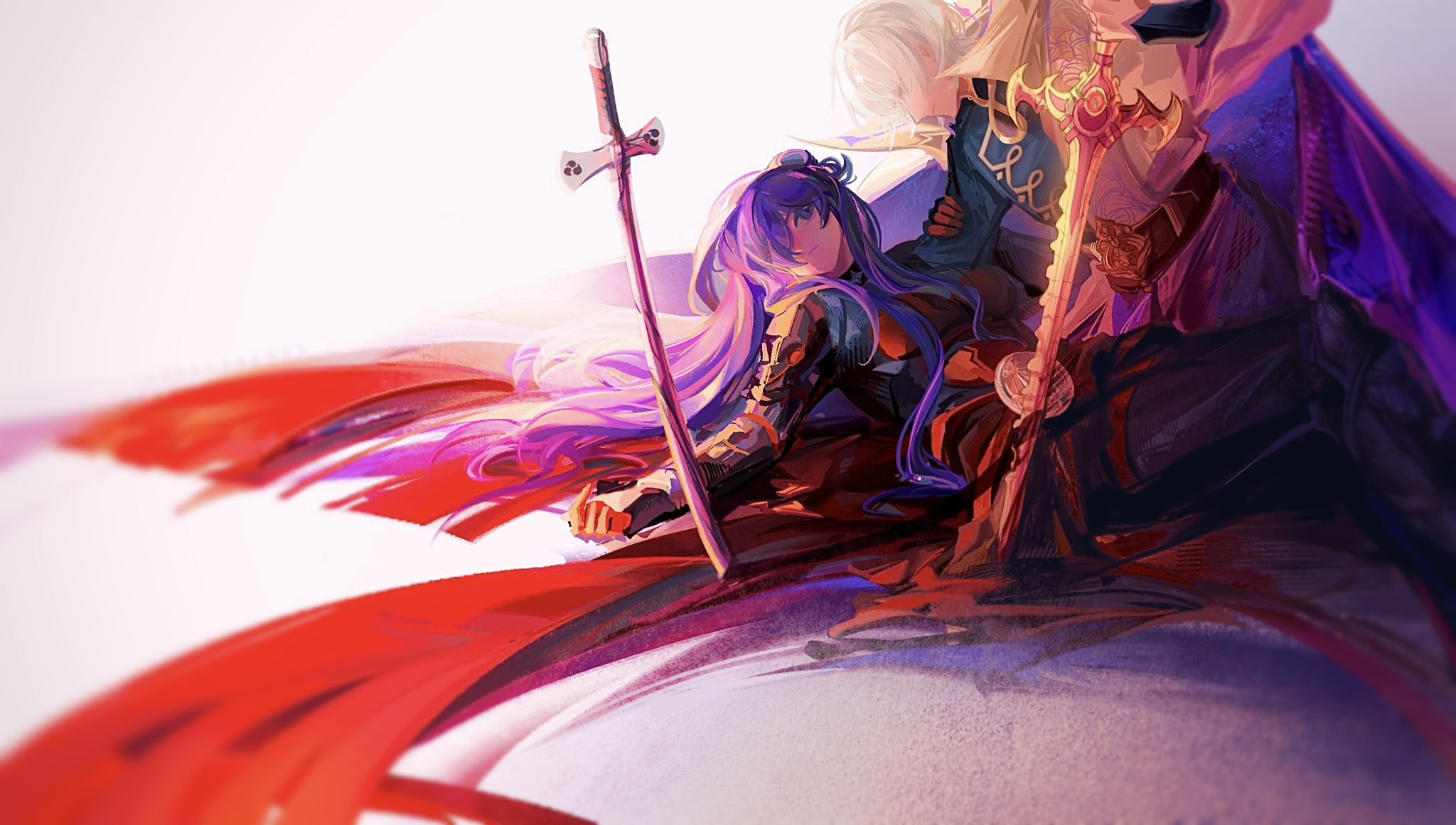 anshango, female shez (fire emblem), female shez (sharpest blades) (fire emblem), male byleth (enlightened) (fire emblem), male byleth (fire emblem), male byleth (the fodlan star) (fire emblem), fire emblem, fire emblem: three houses, fire emblem heroes, fire emblem warriors: three hopes, nintendo, commentary, highres, 1boy, 1girl, armor, cape, closed mouth, green hair, hair bun, hair over one eye, holding, holding sword, holding weapon, long hair, looking at another, lying, official alternate costume, one eye covered, planted, planted sword, planted weapon, purple eyes, purple hair, red cape, single hair bun, sword, sword of the creator, weapon