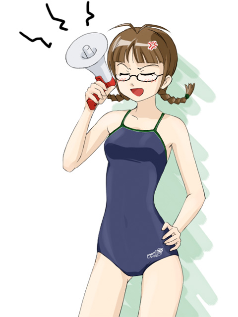 takahashi ren, akizuki ritsuko, idolmaster, idolmaster (classic), idolmaster 1, 00s, 1girl, antenna hair, blue one-piece swimsuit, blunt bangs, braid, brown eyes, brown hair, closed eyes, competition school swimsuit, cowboy shot, female focus, hand on own hip, megaphone, one-piece swimsuit, school swimsuit, short hair, solo, swimsuit, twin braids