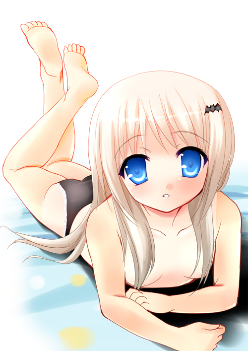 yukizuki chikuba, noumi kudryavka, little busters!, silver hair, 1girl, :o, aqua eyes, barefoot, bat hair ornament, blue eyes, breasts, censored, censored nipples, convenient censoring, feet, female focus, hair censor, hair ornament, hair over breasts, long hair, lying, on stomach, one-piece tan, panties, small breasts, soles, solo, tan, tanline, topless female, underwear