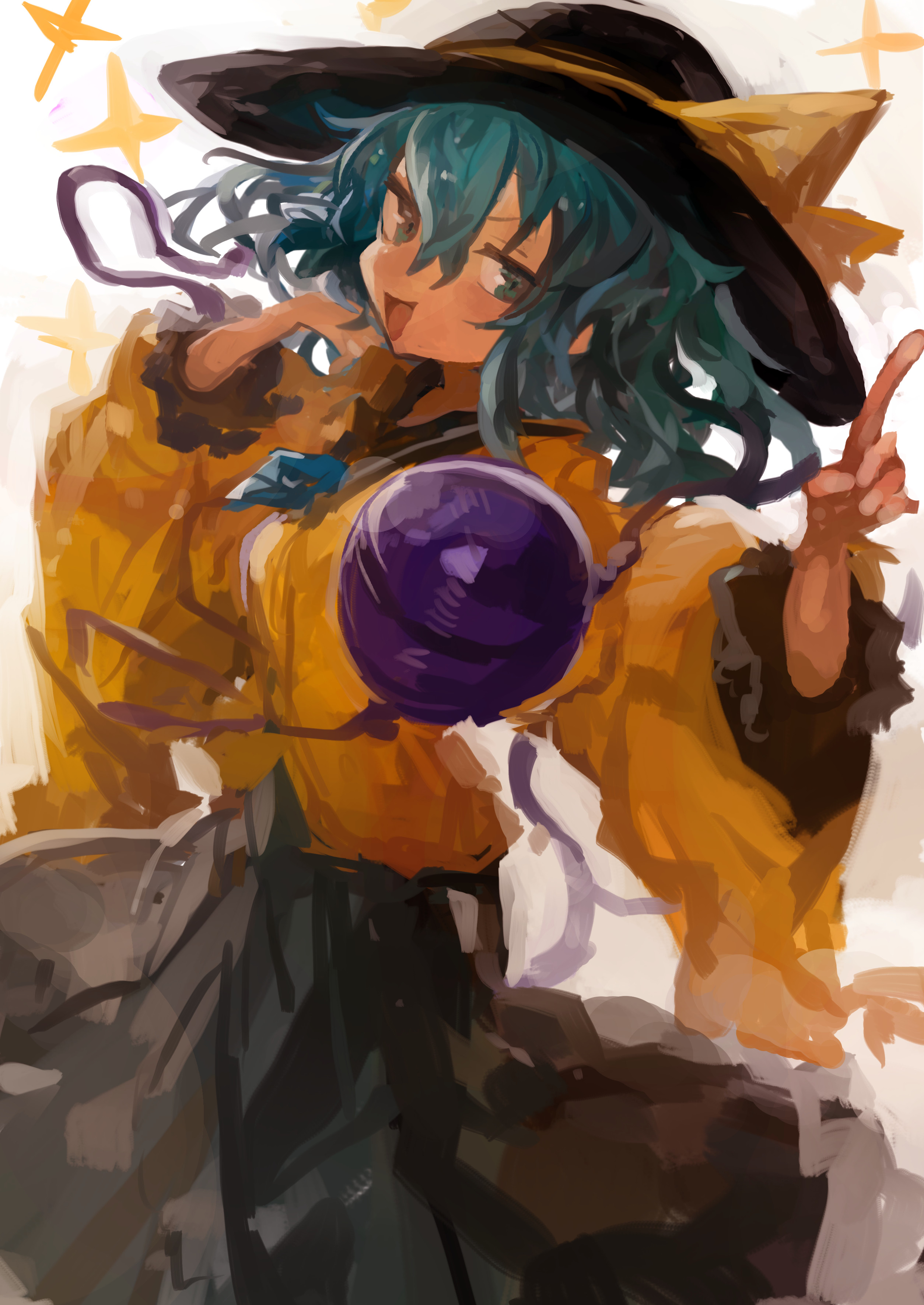 kaamin (mariarose753), komeiji koishi, touhou, absurdres, commentary request, highres, 1girl, black hat, black skirt, blue eyes, blue hair, hat, hat ribbon, index finger raised, long sleeves, looking at viewer, open mouth, ribbon, shirt, simple background, skirt, solo, sparkle, third eye, wide sleeves, yellow ribbon, yellow shirt