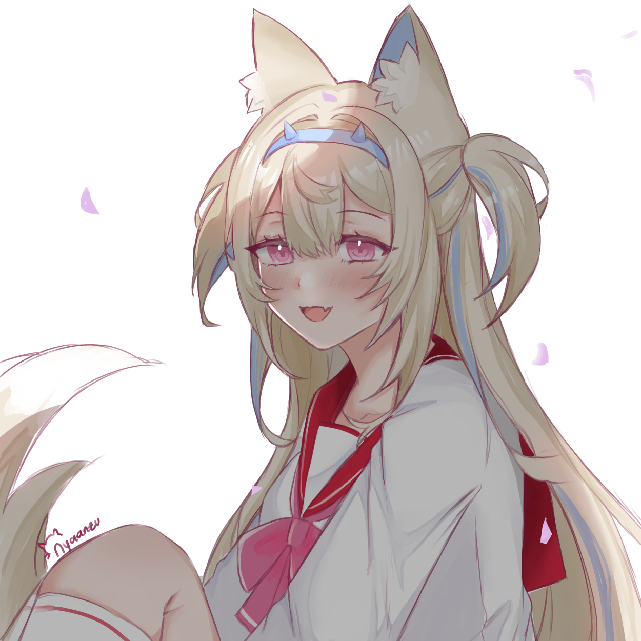 fuwawa abyssgard, hololive, hololive english, commentary, english commentary, highres, 1girl, alternate costume, animal ear fluff, animal ears, blush, dog ears, dog girl, dog tail, fake horns, fang, horns, knees up, long hair, looking at viewer, multicolored hair, neck ribbon, nyaanstudio, petals, pink eyes, ribbon, school uniform, short twintails, signature, sitting, skin fang, solo, streaked hair, tail, thighhighs, twintails, upper body, virtual youtuber, white background