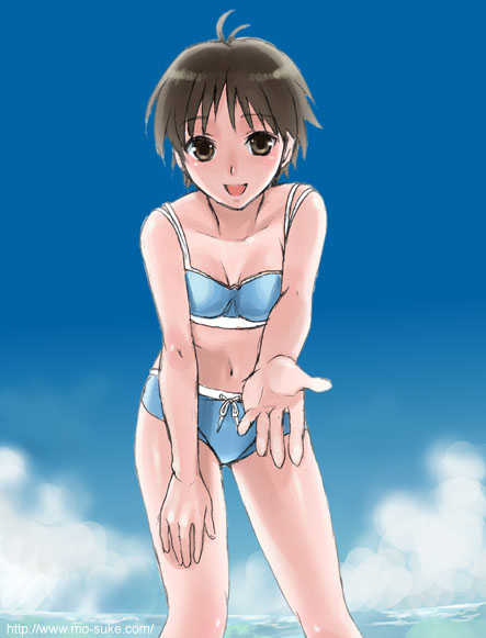 mattaku mousuke, kikuchi makoto, idolmaster, idolmaster (classic), idolmaster 1, 00s, antenna hair, bikini, blue background, blue bikini, blue theme, brown eyes, brown hair, day, hand on own thigh, outdoors, short hair, solo, swimsuit