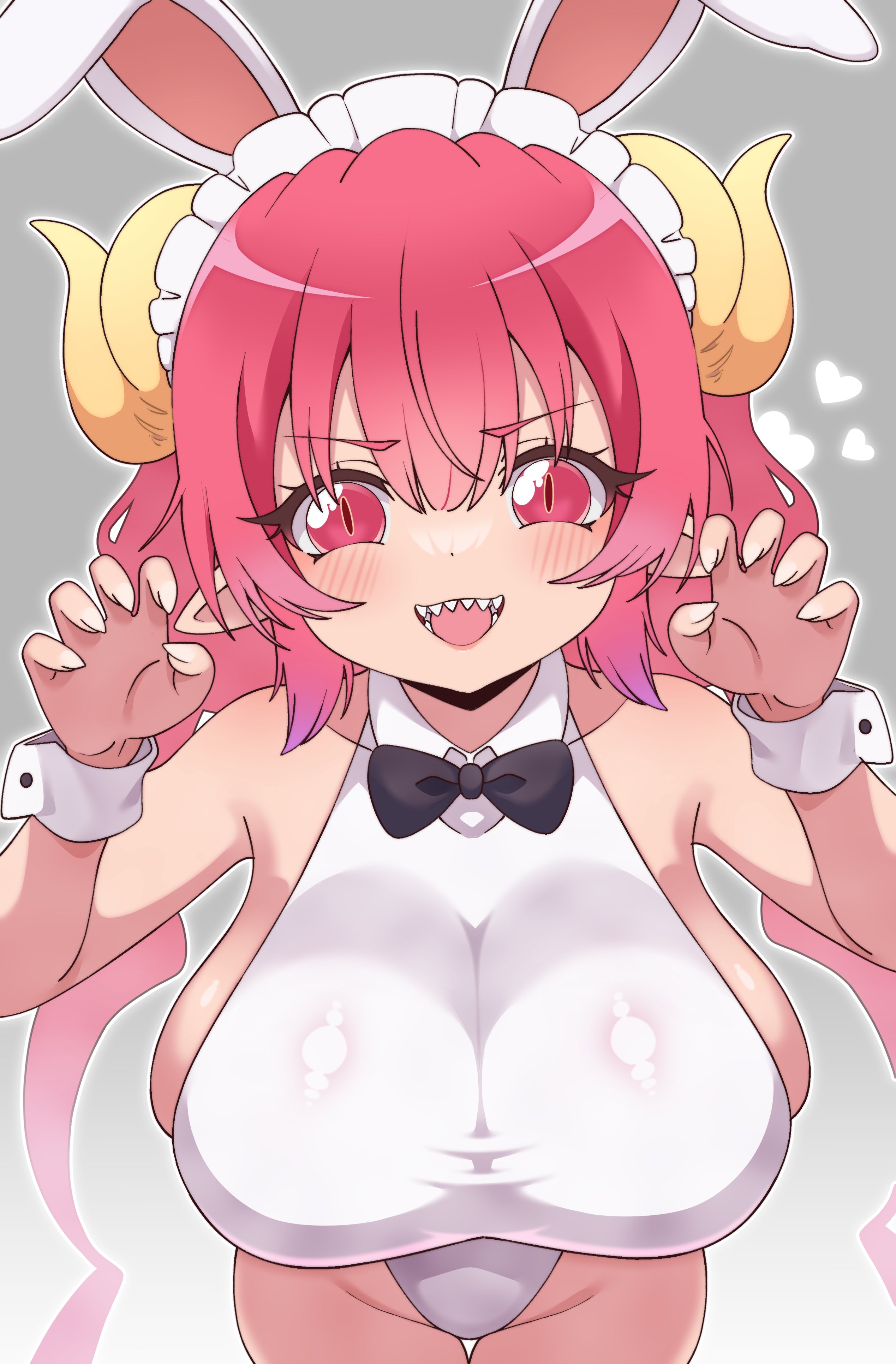 erigo, ilulu (maidragon), kobayashi-san chi no maidragon, absurdres, commentary, english commentary, highres, 1girl, :d, animal ears, black bow, black bowtie, blush, bow, bowtie, breasts, claw pose, collared leotard, dragon girl, dragon horns, fake animal ears, fingernails, gradient background, grey background, horns, huge breasts, leotard, long hair, looking at viewer, maid headdress, multicolored hair, open mouth, purple hair, rabbit ears, red eyes, red hair, sharp fingernails, sharp teeth, sideboob, slit pupils, smile, solo, teeth, thigh gap, traditional bowtie, twintails, two-tone hair, upper body, very long hair, white leotard, white wrist cuffs, wrist cuffs