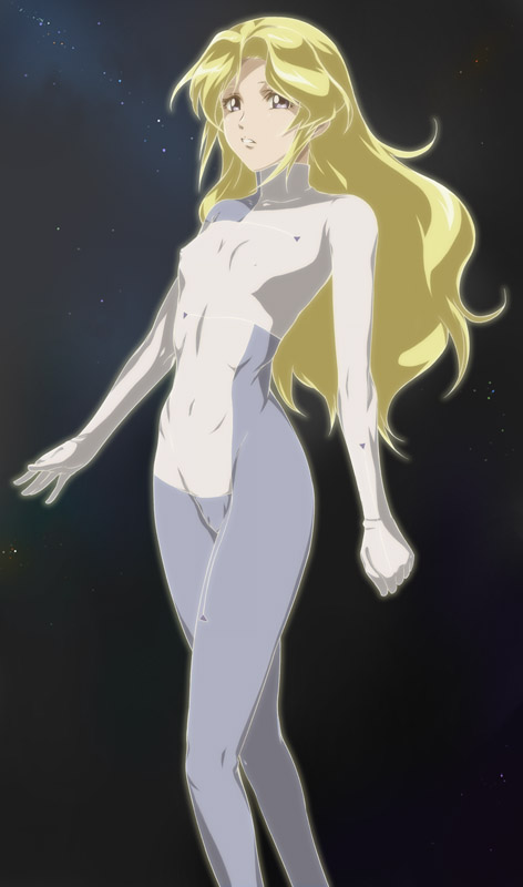zundarepon, deianeira, heroic age, 00s, 1girl, blonde hair, blue eyes, bodysuit, cameltoe, covered erect nipples, female focus, flat chest, long hair, skin tight, solo, space, turtleneck