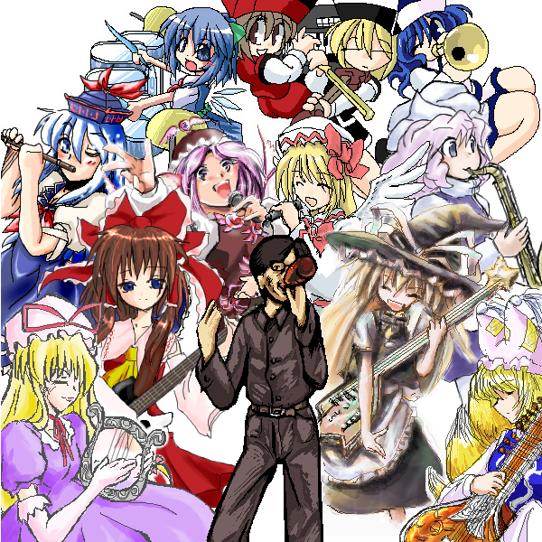 kieyza, ugatsu matsuki, wi-z garage, cirno, hakurei reimu, kamishirasawa keine, kirisame marisa, letty whiterock, lily white, lunasa prismriver, lyrica prismriver, mystia lorelei, yakumo ran, yakumo yukari, zun, touhou, 1boy, 6+girls, band (music), blonde hair, bottle, drinking, drum, drum set, everyone, flute, guitar, harp, hat, instrument, keyboard (instrument), microphone, multiple girls, music, oekaki, piano, pixel art, playing instrument, saxophone, singing, trumpet, violin, witch hat