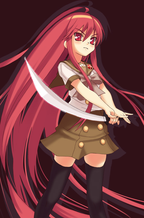 oryo (oryo04), alastor (shakugan no shana), shana, shakugan no shana, 00s, 1girl, female focus, jewelry, pendant, red hair, school uniform, serafuku, solo, sword, thighhighs, weapon, zettai ryouiki