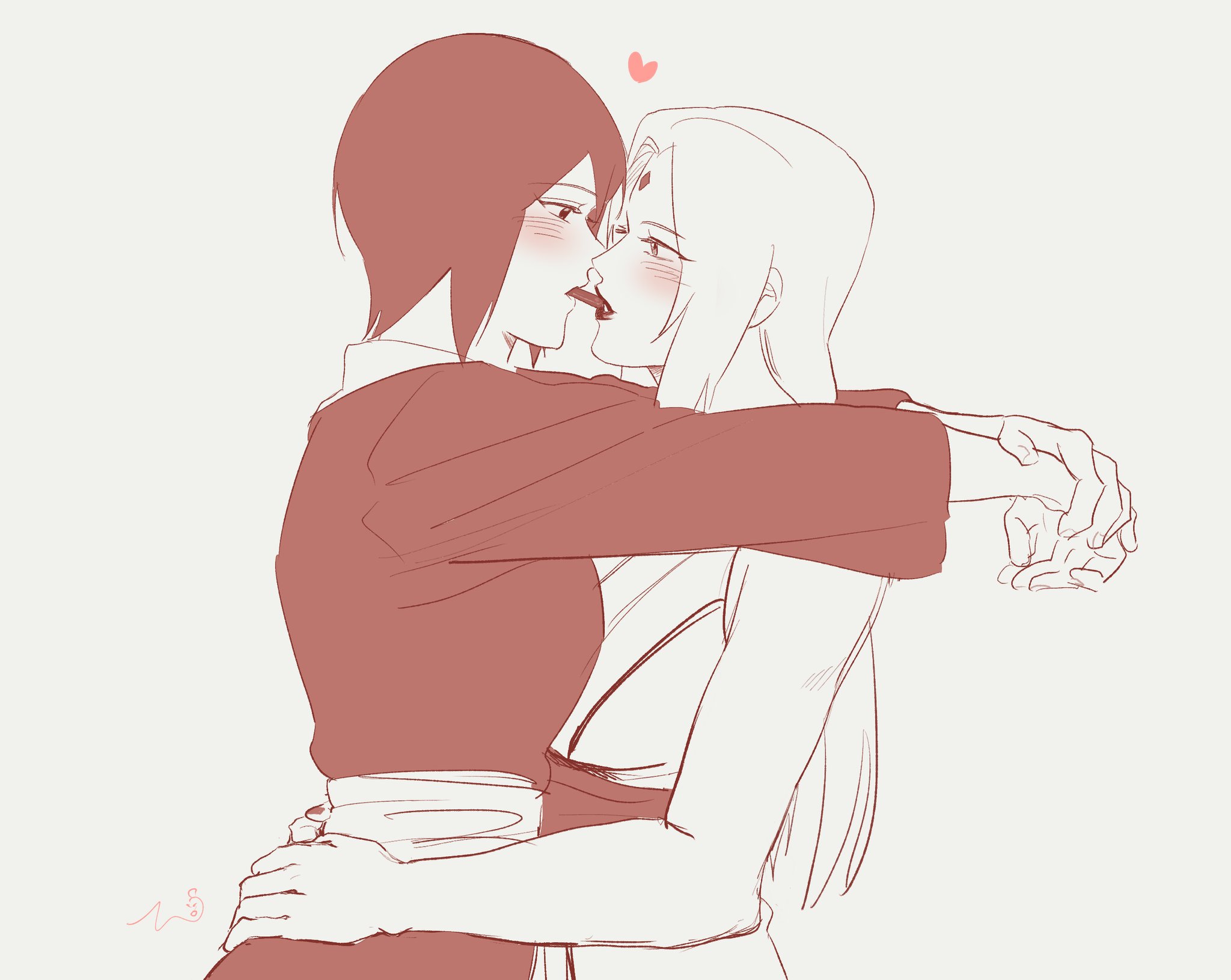 may c, shizune (naruto), tsunade (naruto), naruto (series), commentary, highres, symbol-only commentary, 2girls, arms around neck, arms around waist, blush, heart, incoming kiss, japanese clothes, kimono, long hair, long sleeves, looking at another, monochrome, multiple girls, open mouth, short hair, upper body, yuri