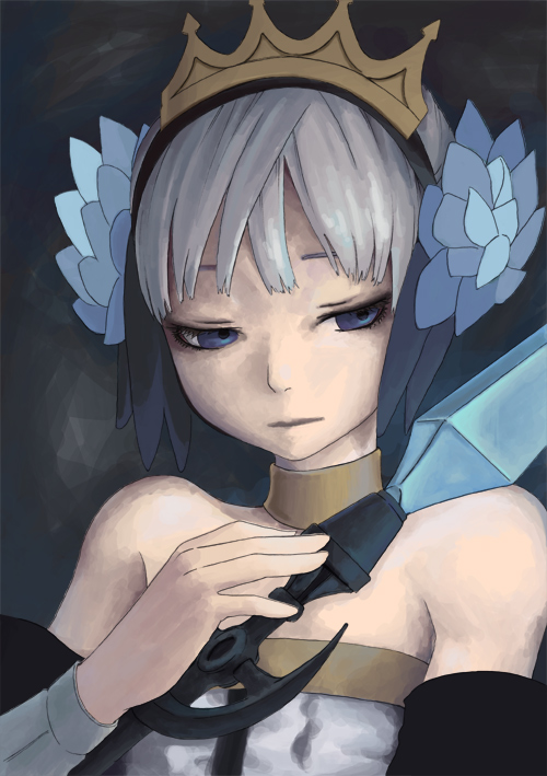 kaneko masaru, gwendolyn (odin sphere), odin sphere, silver hair, unfinished, 1girl, bare shoulders, blue eyes, dress, expressionless, female focus, flower, hair flower, hair ornament, polearm, short hair, solo, strapless, strapless dress, tiara, upper body, weapon, white dress