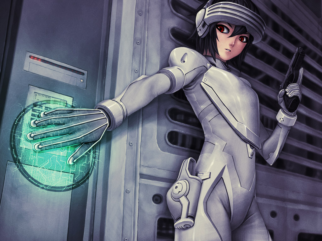 iwai ryou, original, 1girl, armor, black hair, breastplate, female focus, gun, handgun, headgear, holding, holding gun, holding weapon, holster, pistol, red eyes, solo, trigger discipline, weapon