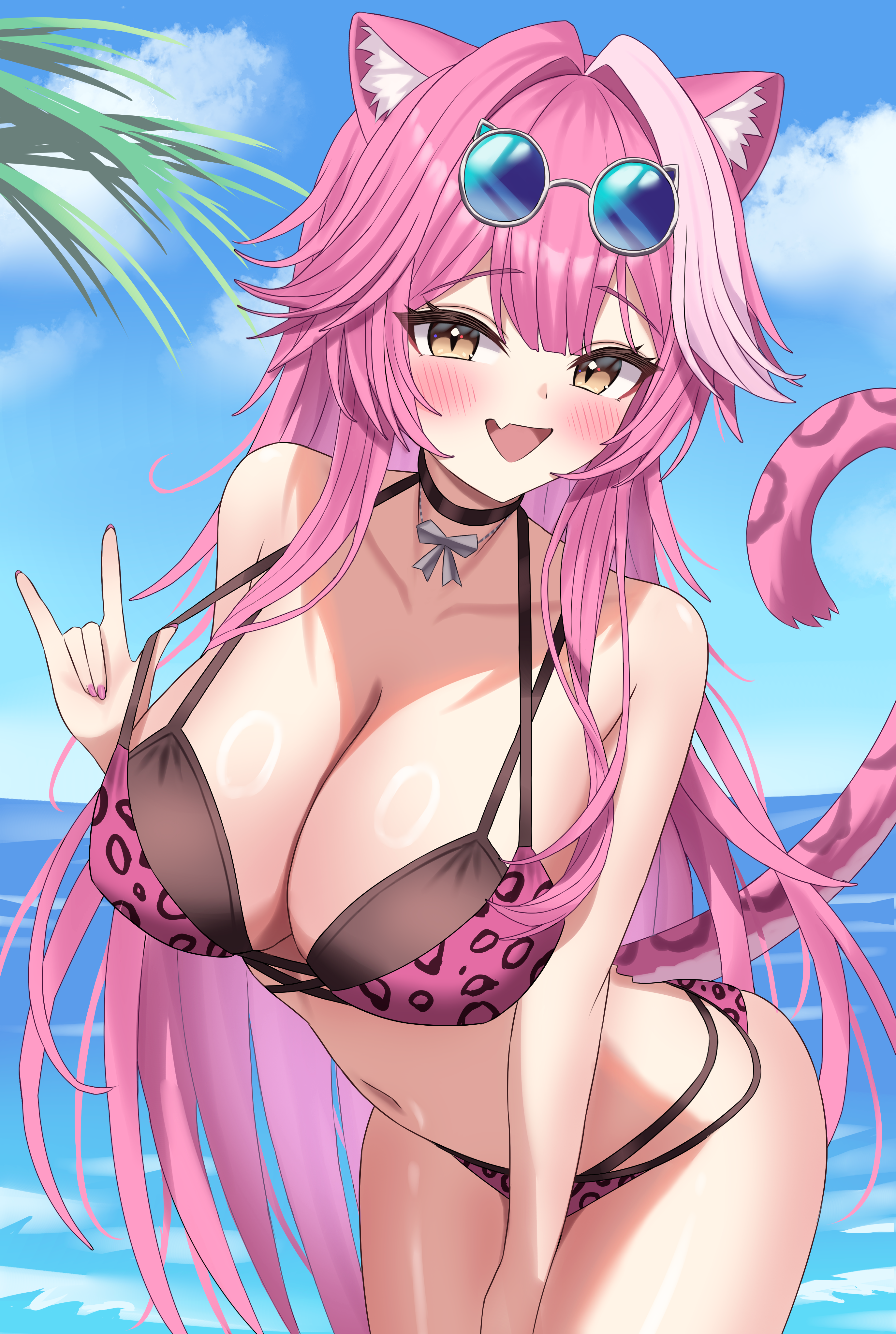kumoru (kumoru 145), raora panthera, raora panthera (holonatsu paradise), hololive, hololive english, absurdres, highres, 1girl, :d, animal ear fluff, animal ears, bikini, black bikini, black choker, blue-tinted eyewear, blue sky, breasts, center-flap bangs, choker, cleavage, cloud, day, double-parted bangs, eyewear on head, large breasts, layered bikini, leaning forward, leopard print bikini, long hair, looking at viewer, multicolored hair, navel, ocean, official alternate costume, open mouth, outdoors, panther ears, panther girl, panther tail, pink bikini, pink hair, round eyewear, sidelocks, sky, smile, solo, strap lift, streaked hair, sunglasses, swimsuit, tail, tinted eyewear, very long hair, virtual youtuber, white hair, yellow eyes