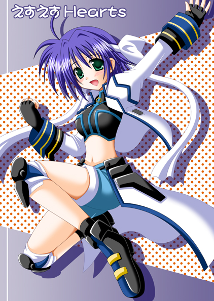 nagana sayui, revolver knuckle, subaru nakajima, lyrical nanoha, mahou shoujo lyrical nanoha, mahou shoujo lyrical nanoha strikers, 00s, 1girl, blue hair, female focus, green eyes, happy, jumping, polka dot, short hair, solo, waist cape