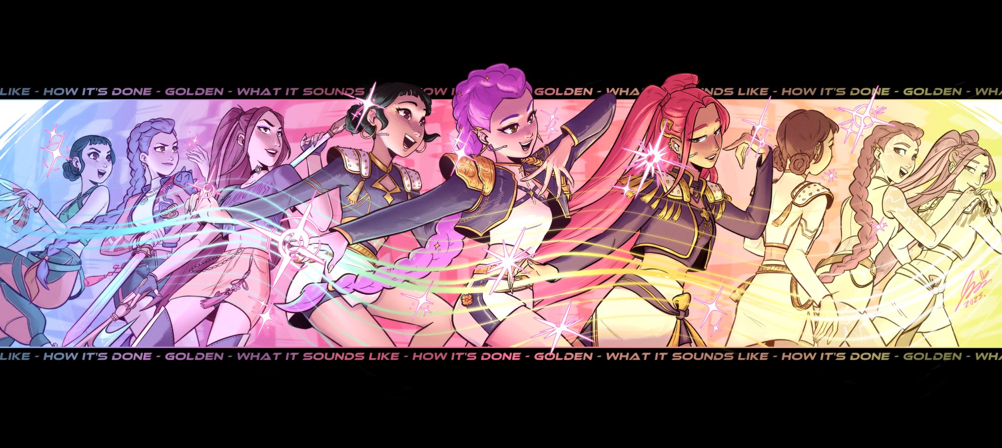 mira (kpop demon hunters), rumi (kpop demon hunters), zoey (kpop demon hunters), kpop demon hunters, highres, 3girls, bare shoulders, black jacket, body markings, braid, braided ponytail, crop top, double bun, dutch braided ponytail, earpiece, earrings, hair bun, holding, holding weapon, huntrix, jacket, jewelry, multiple girls, pink hair, purple hair, short bangs, skirt, sleeveless, sp ace bar, weapon, white jacket