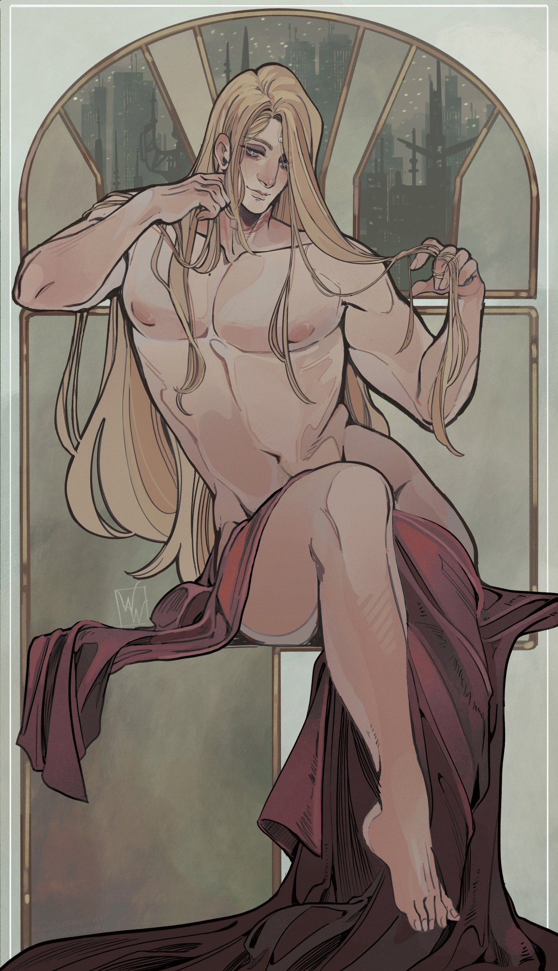 wicksandwheat, garlean, zenos yae galvus, final fantasy, final fantasy xiv, commission, highres, 1boy, art nouveau, barefoot, blonde hair, blue eyes, collarbone, convenient censoring, covering privates, crossed legs, forehead jewel, full body, hair behind ear, hair over one eye, long hair, looking at viewer, male focus, navel, nipples, nude cover, pectorals, red sheet, signature, sitting, smile, solo, toes, very long hair