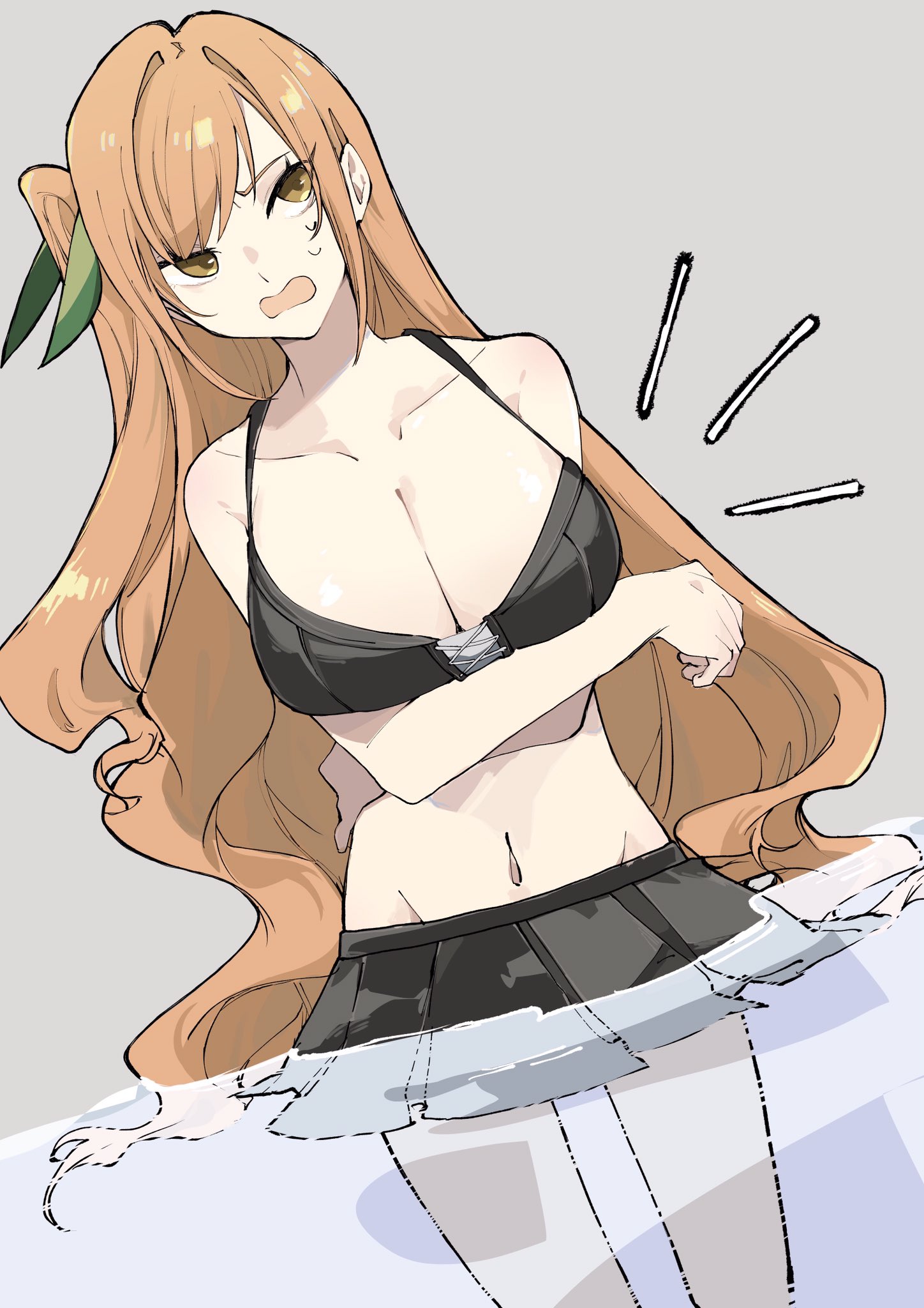 nonkinakanja, inda karane, kimi no koto ga dai dai dai dai daisuki na 100-nin no kanojo, highres, 1girl, arms under breasts, bikini, bikini skirt, black bikini, breasts, crossed arms, green ribbon, grey background, hair ribbon, large breasts, long hair, midriff, navel, one side up, open mouth, orange hair, partially submerged, peanut mouth, ribbon, simple background, solo, stomach, swimsuit, very long hair, water, yellow eyes