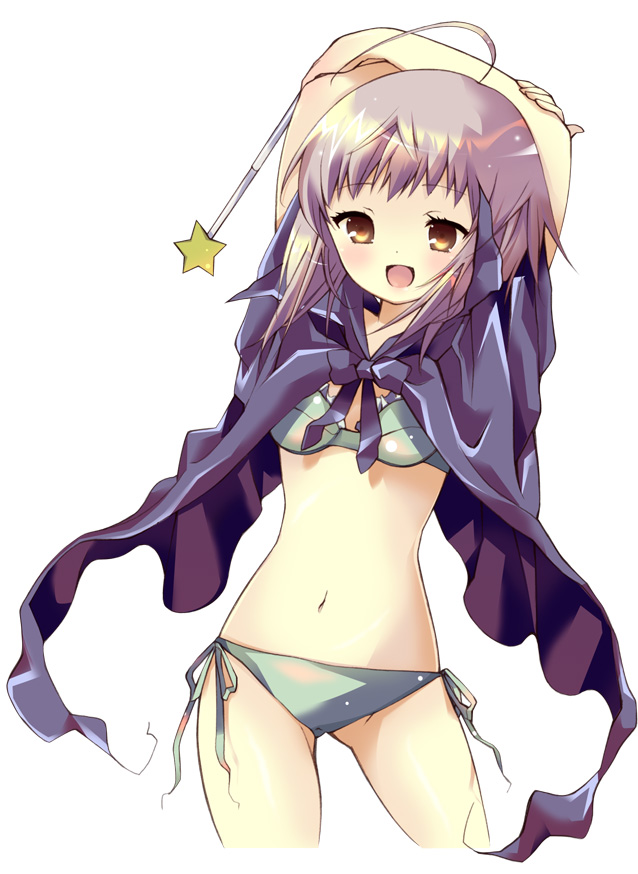 yuutarou, nagato yuki, suzumiya haruhi no yuuutsu, 00s, 1girl, arms up, bikini, blush, cape, cowboy shot, female focus, navel, open mouth, side-tie bikini bottom, simple background, solo, swimsuit, wand, white background