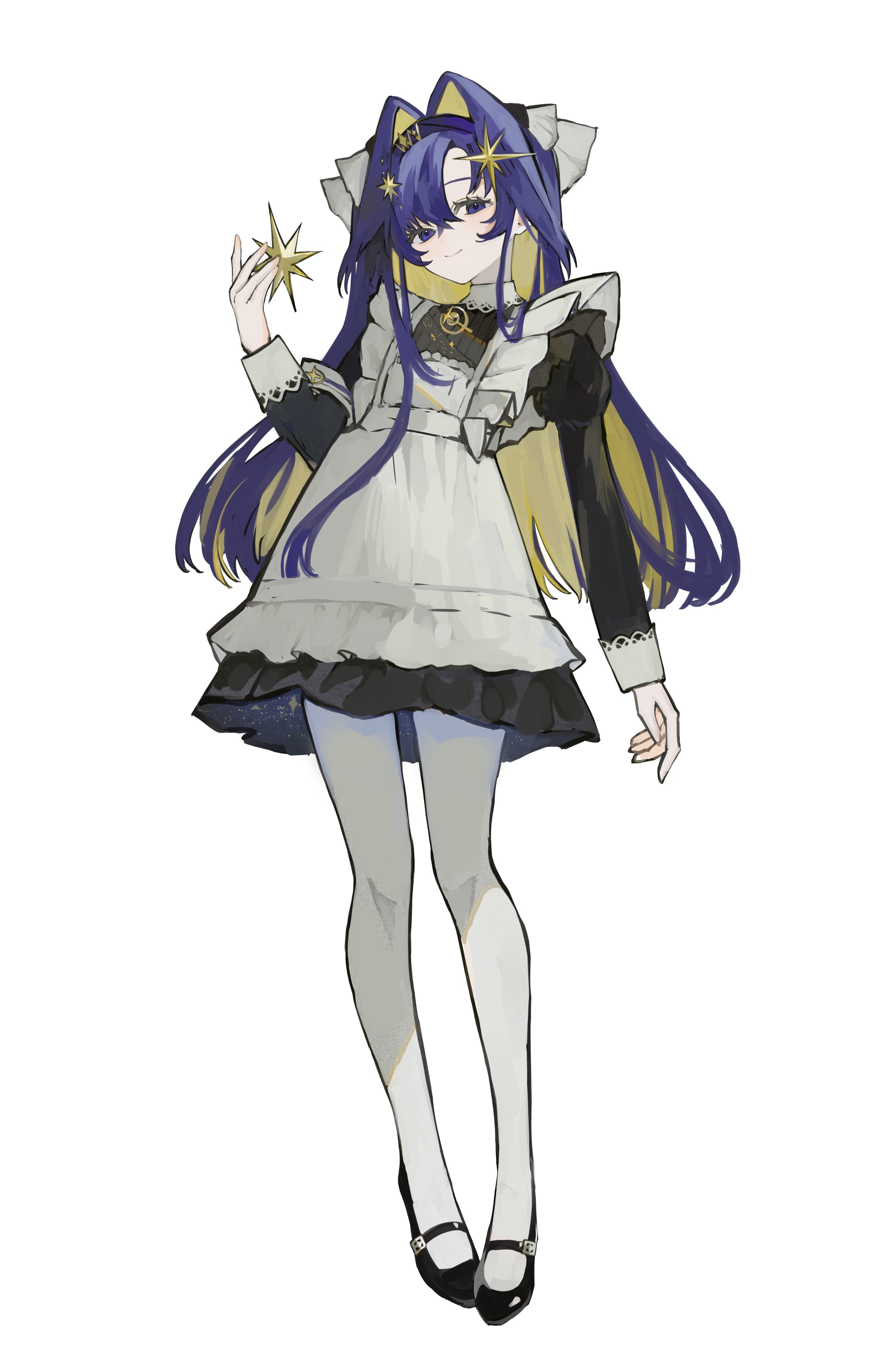 toke ino, voyager (reverse:1999), reverse:1999, absurdres, highres, 1girl, apron, black dress, black hairband, black shoes, blonde hair, blue eyes, blue hair, closed mouth, colored inner hair, dress, frilled apron, frills, full body, hair intakes, hair ornament, hairband, hand up, holding, holding star, juliet sleeves, long hair, long sleeves, looking at viewer, mary janes, multicolored hair, pantyhose, puffy sleeves, school uniform, shoes, short dress, smile, solo, soviet school uniform, standing, star (symbol), star hair ornament, very long hair, white apron, white background, white pantyhose