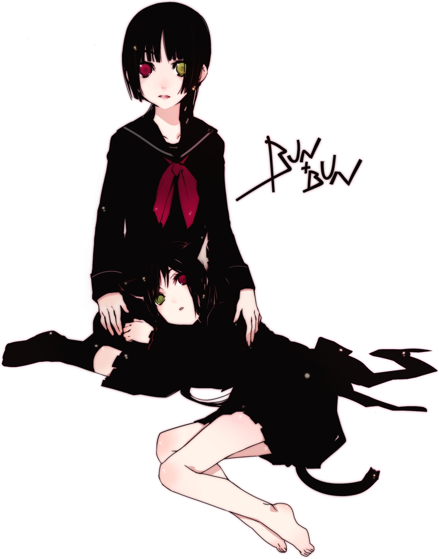 bunbun, original, 2girls, animal ears, barefoot, black hair, cat ears, cat tail, feet, green eyes, heterochromia, lap pillow, lying, multiple girls, red eyes, school uniform, serafuku, sitting, socks, tail, wariza
