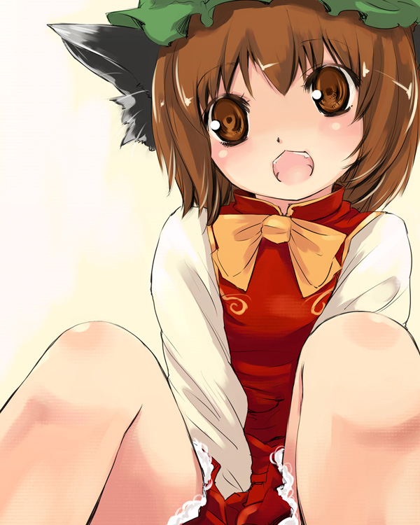 yuu (kfc), chen, touhou, 1girl, :3, animal ears, bow, brown eyes, brown hair, cat ears, cat girl, dress, fang, fangs, female focus, gradient background, hat, short hair, solo, white background