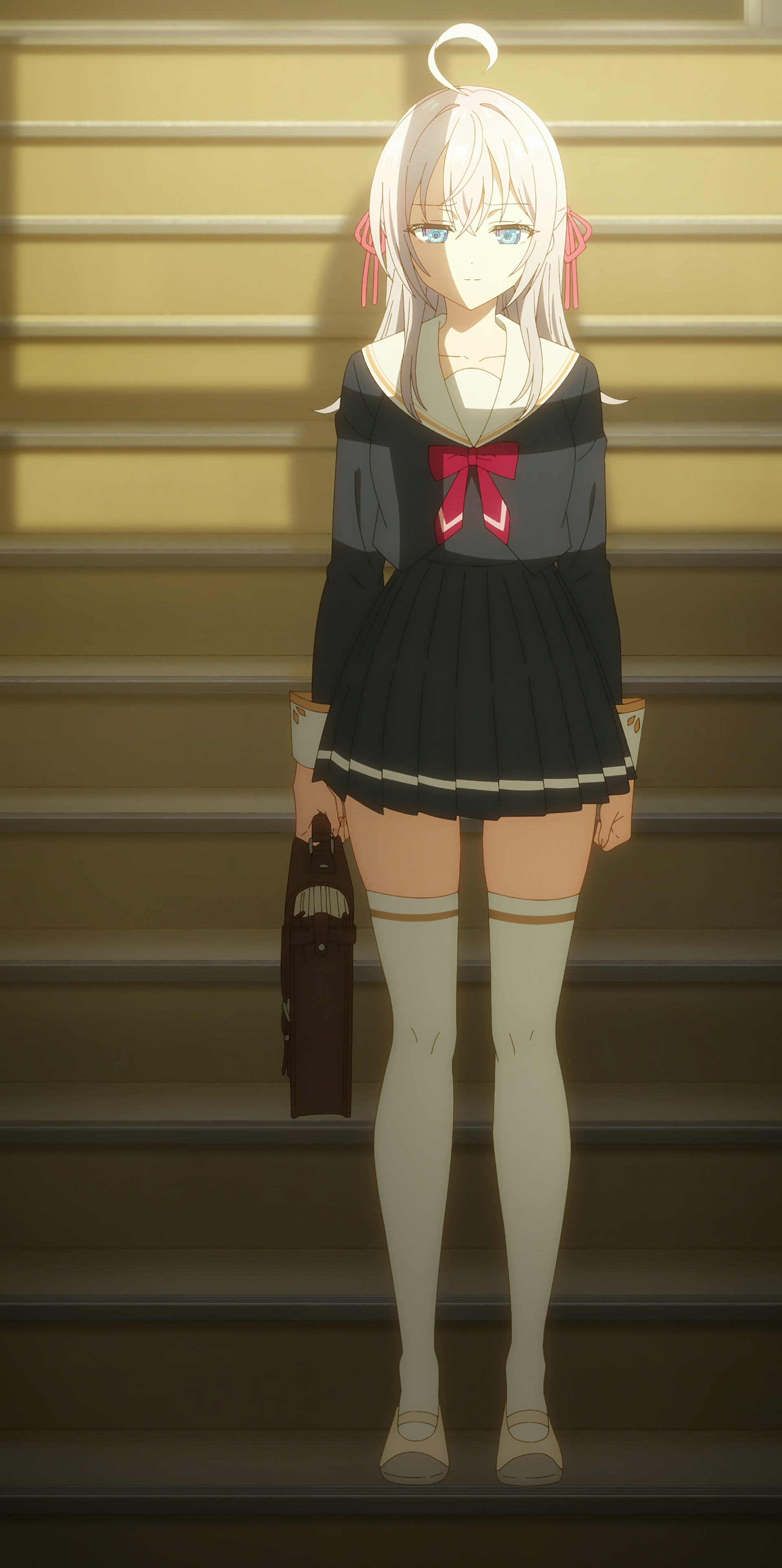 alisa mikhailovna kujou, tokidoki bosotto roshia-go de dereru tonari no alya-san, absurdres, anime screenshot, highres, stitched, third-party edit, 1girl, ahoge, bag, black serafuku, black skirt, blue eyes, bow, breasts, brown bag, closed mouth, collarbone, depressed, dot nose, female focus, fisting, full body, grey hair, hair ribbon, handbag, kneehighs, long hair, long sleeves, looking down, medium breasts, miniskirt, pink ribbon, pleated skirt, red bow, ribbon, sad, school bag, school uniform, seiren academy school uniform, serafuku, shoes, skirt, socks, solo, solo focus, stairs, stairwell, thighhighs, white shoes, white thighhighs, zettai ryouiki