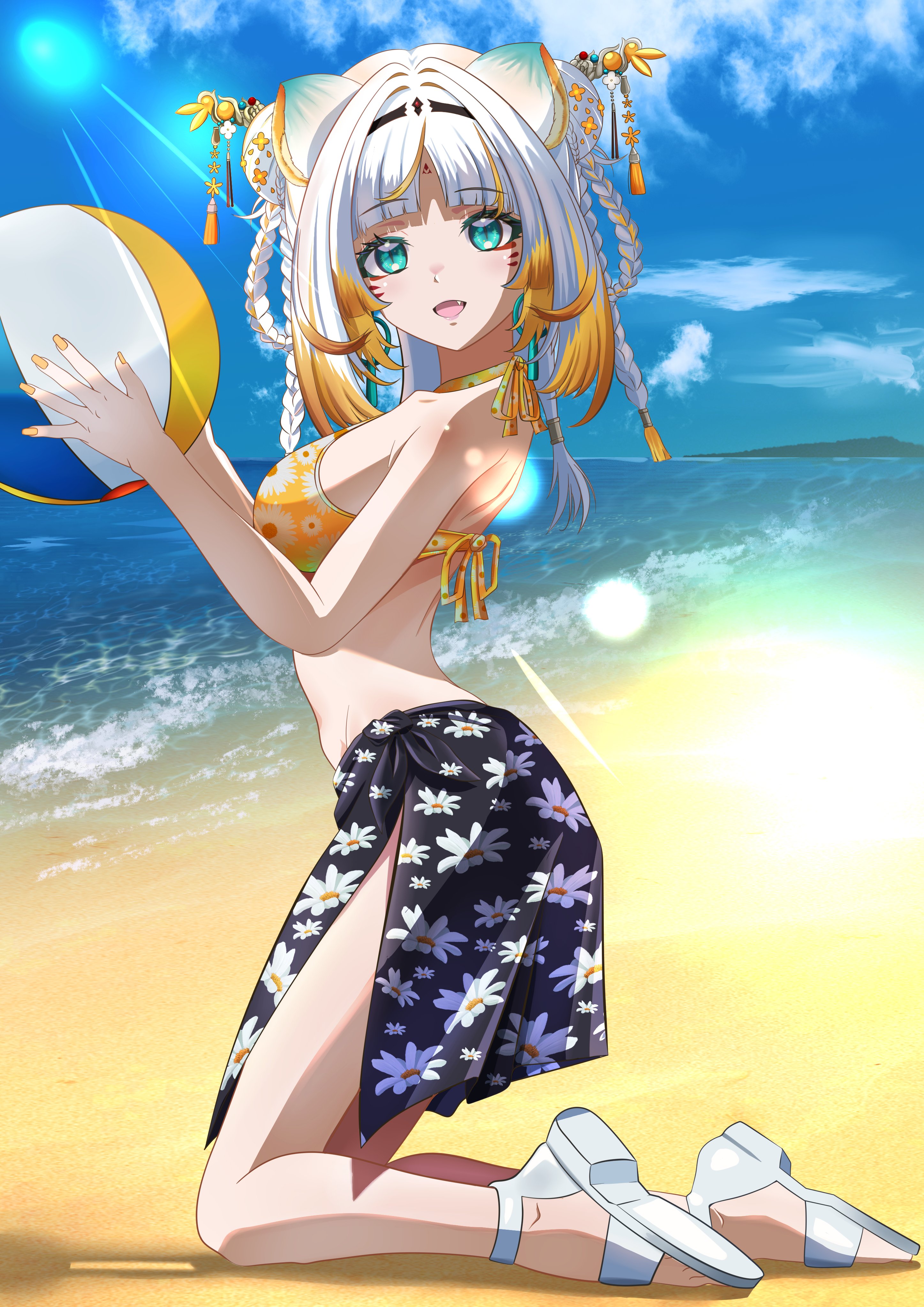taiga toragami, animal ears, beach, blue eyes, cat ears, summer, white hair