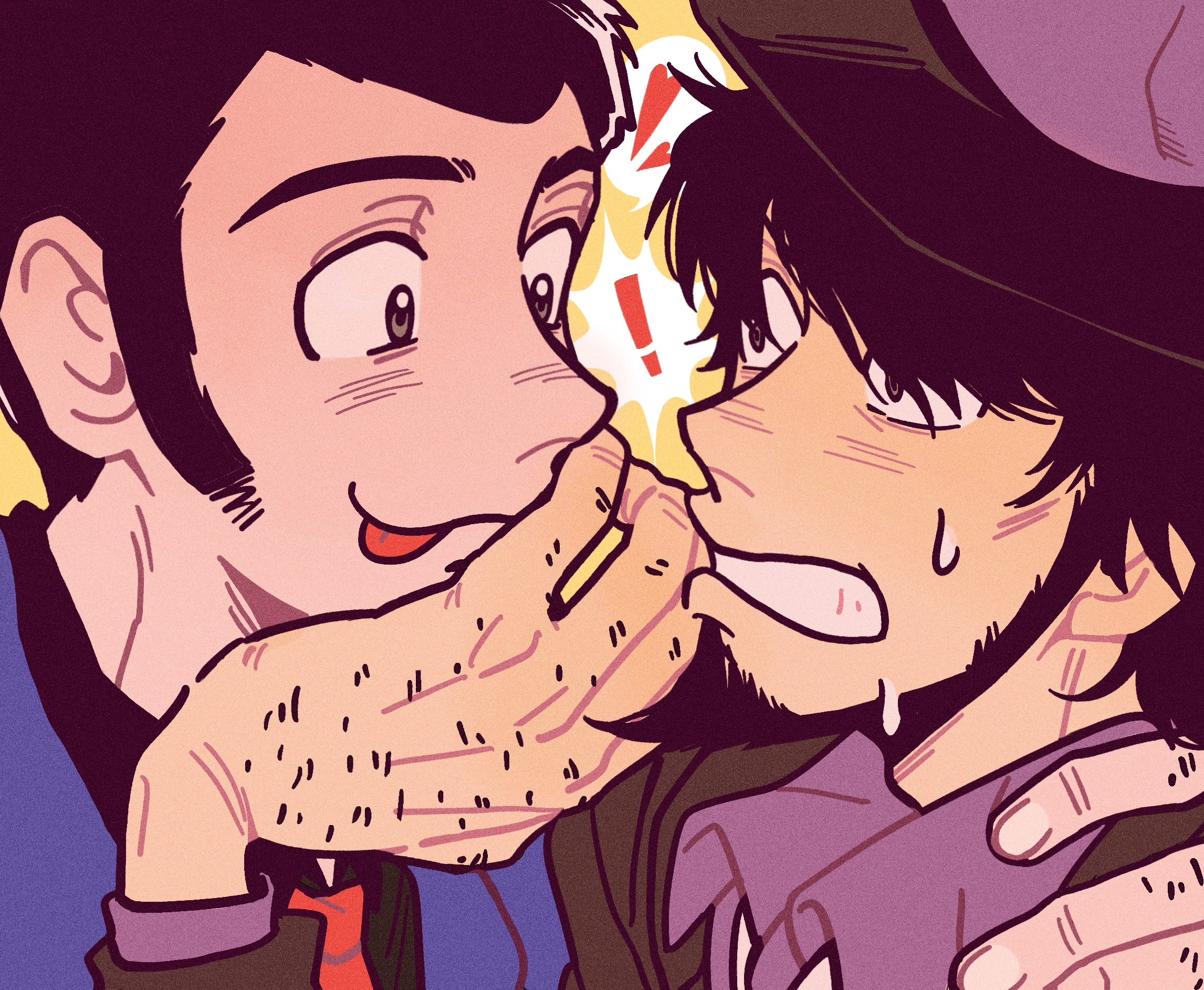 arsene lupin iii, jigen daisuke, lupin iii, highres, !, 2boys, beard, black hair, black hat, facial hair, hand hair, hand on another's shoulder, hat, heart, implied yaoi, looking at another, multiple boys, sideburns, spoken heart, sweatdrop, tongue, tongue out, user gwuk5425, wide-eyed, yellow background