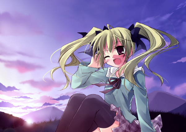 suzushiro kurumi, original, black thighhighs, fang, hand in own hair, plaid clothes, plaid skirt, skirt, sky, solo, thighhighs, twintails, zettai ryouiki