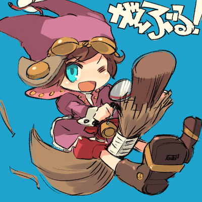 mota, lowres, 1girl, ;d, blue background, blush, boots, broom, broom riding, brown boots, female focus, full body, goggles, goggles on head, hat, knee boots, long sleeves, looking at viewer, one eye closed, open mouth, riding, smile, solo, straddling, text focus, upright straddle