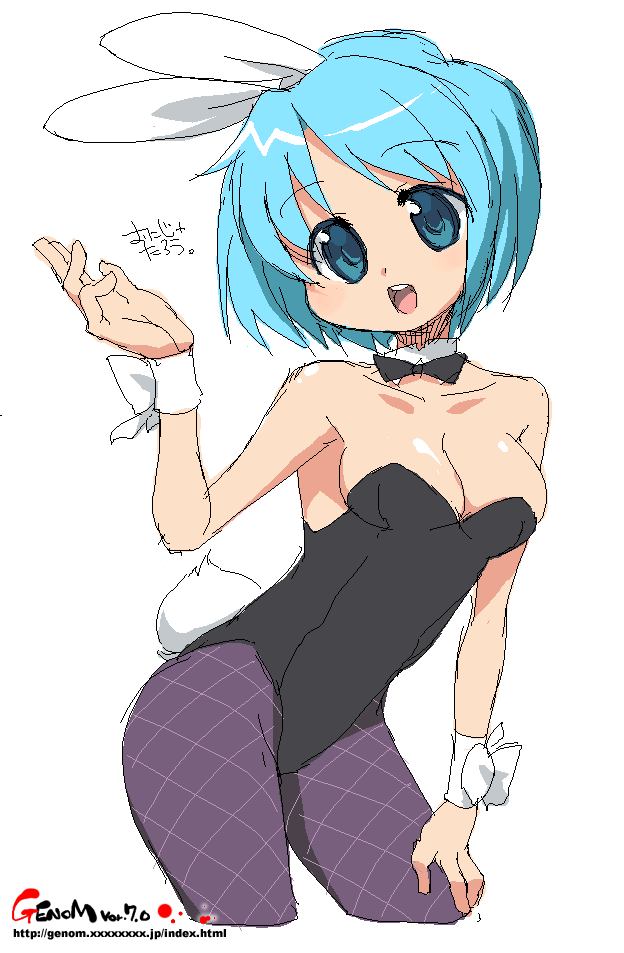 onija tarou, 1girl, animal ears, blue eyes, blue hair, breasts, cleavage, fake animal ears, female focus, fishnet pantyhose, fishnets, leotard, matching hair/eyes, oekaki, pantyhose, playboy bunny, rabbit ears, short hair, solo