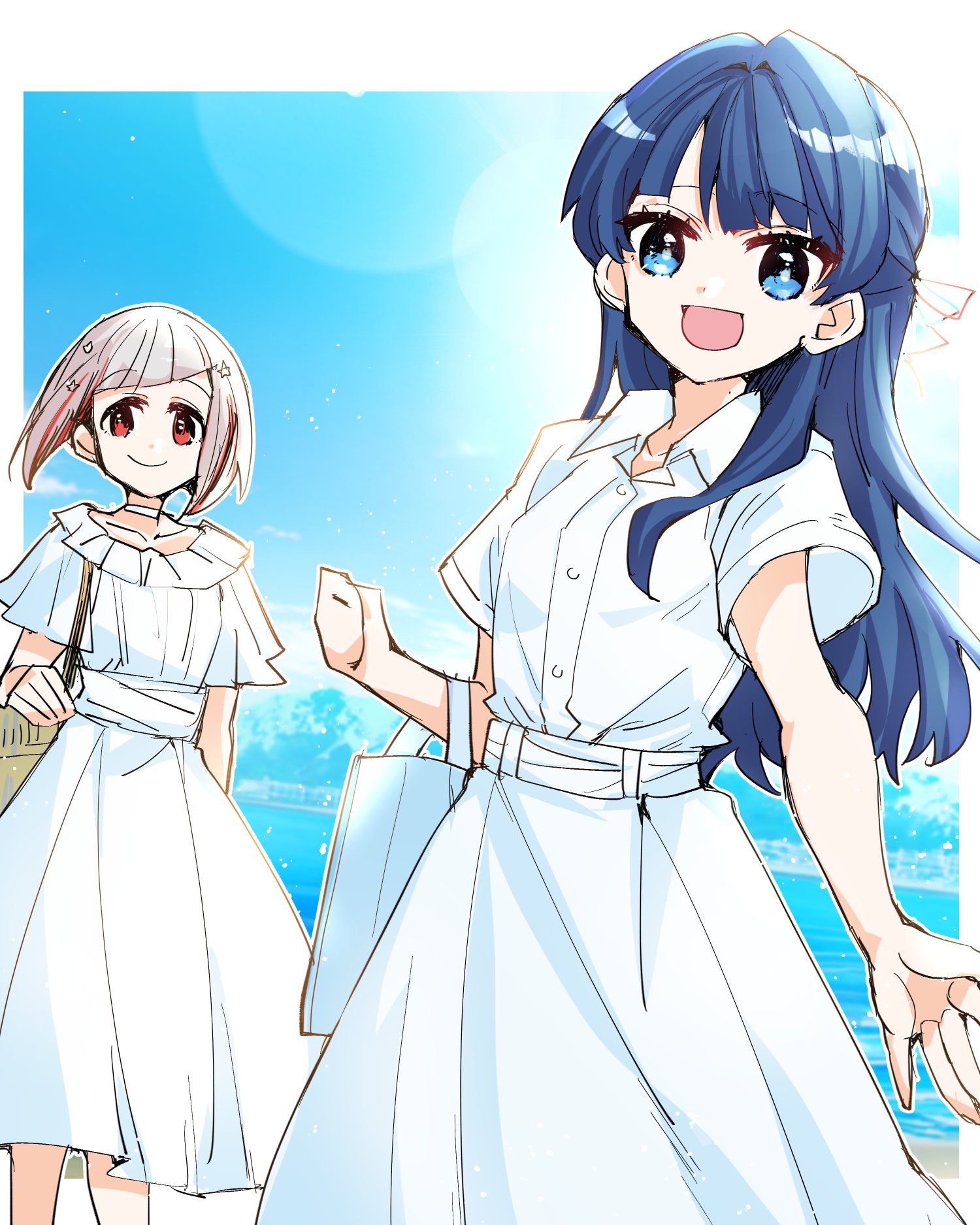 kanduki kamibukuro, murano sayaka, yugiri tsuzuri, link! like! love live!, love live!, commentary, highres, 2girls, :d, alternate costume, bag, blue eyes, blue hair, blue sky, border, brown bag, choker, clenched hand, closed mouth, collarbone, collared dress, colored inner hair, dress, grey hair, hair ornament, half updo, long hair, looking at viewer, mole, mole on neck, multicolored hair, multiple girls, ocean, open mouth, outdoors, outside border, red hair, short hair, short sleeves, shoulder bag, sky, smile, star (symbol), star hair ornament, streaked hair, virtual youtuber, white border, white choker, white dress