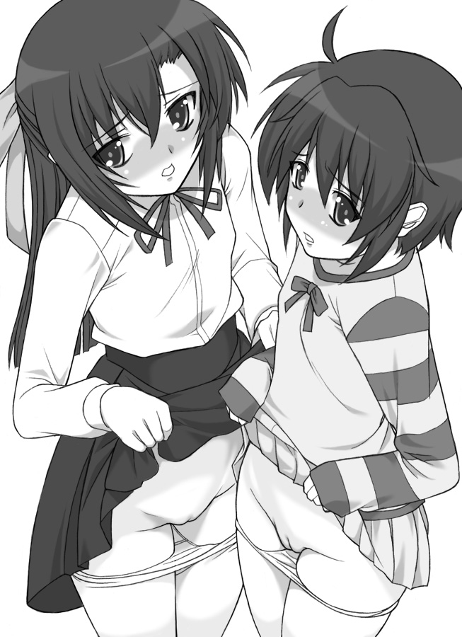 shichimenchou, ginga nakajima, subaru nakajima, lyrical nanoha, mahou shoujo lyrical nanoha, mahou shoujo lyrical nanoha strikers, 00s, 2girls, clothes lift, greyscale, loli, monochrome, multiple girls, panties, panty pull, siblings, sisters, skirt, skirt lift, uncensored, underwear