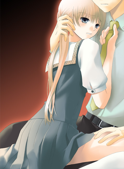 oujima tamaki, 1boy, 1girl, belt, clothes grab, formal clothes, head out of frame, holding, holding own hair, long hair, necktie, necktie grab, neckwear grab, school uniform, serafuku, sitting, sitting on lap, sitting on person, skirt, solo focus, suit, twintails