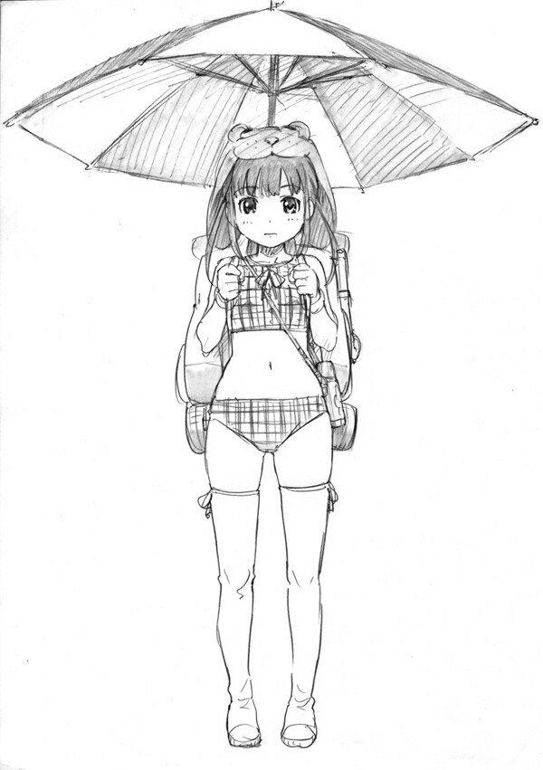 naruko hanaharu, graphite (medium), traditional media, 1girl, bikini, female focus, greyscale, monochrome, plaid bikini, plaid clothes, sketch, solo, swimsuit, tankini, thighhighs, umbrella