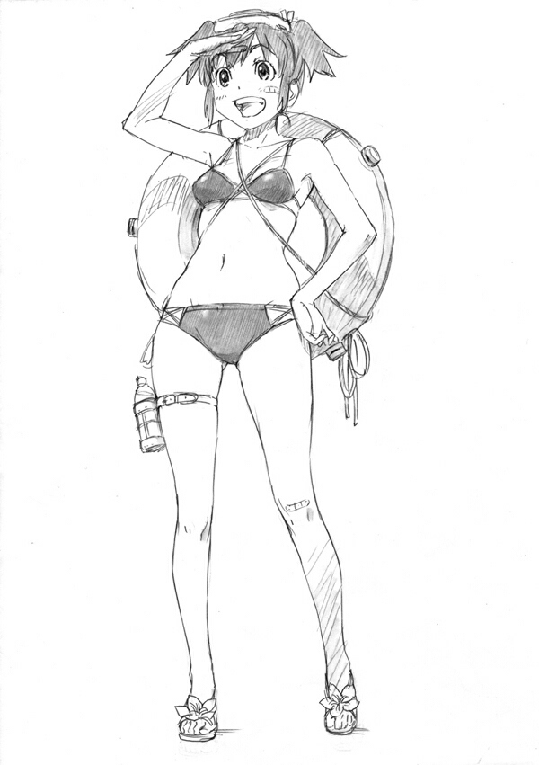 naruko hanaharu, graphite (medium), traditional media, 1girl, bikini, female focus, greyscale, monochrome, sketch, solo, swimsuit