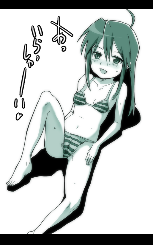 higata akatsuki, izumi konata, lucky star, 00s, 1girl, barefoot, bikini, blush, female focus, green theme, letterboxed, lying, monochrome, navel, on back, open mouth, solo, striped bikini, striped clothes, swimsuit