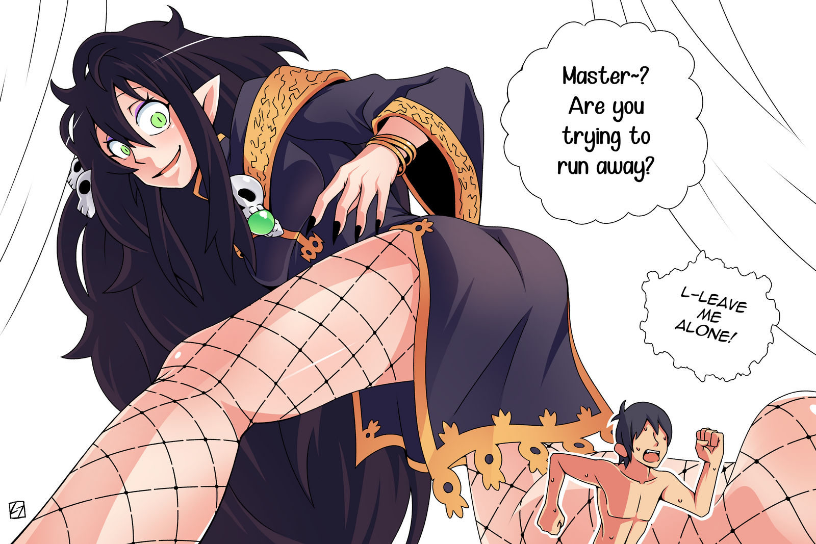 thunderafterdark, kugasari-san, highres, 1boy, 1girl, a priest's journey in a rpg world, arm at side, barefoot, black hair, blush, breasts, dress, english text, fishnets, giant, giantess, jewelry, long hair, messy hair, multiple rings, open mouth, pointy ears, ring, running, short hair, signature, simple background, size difference, skull, smile, sweat