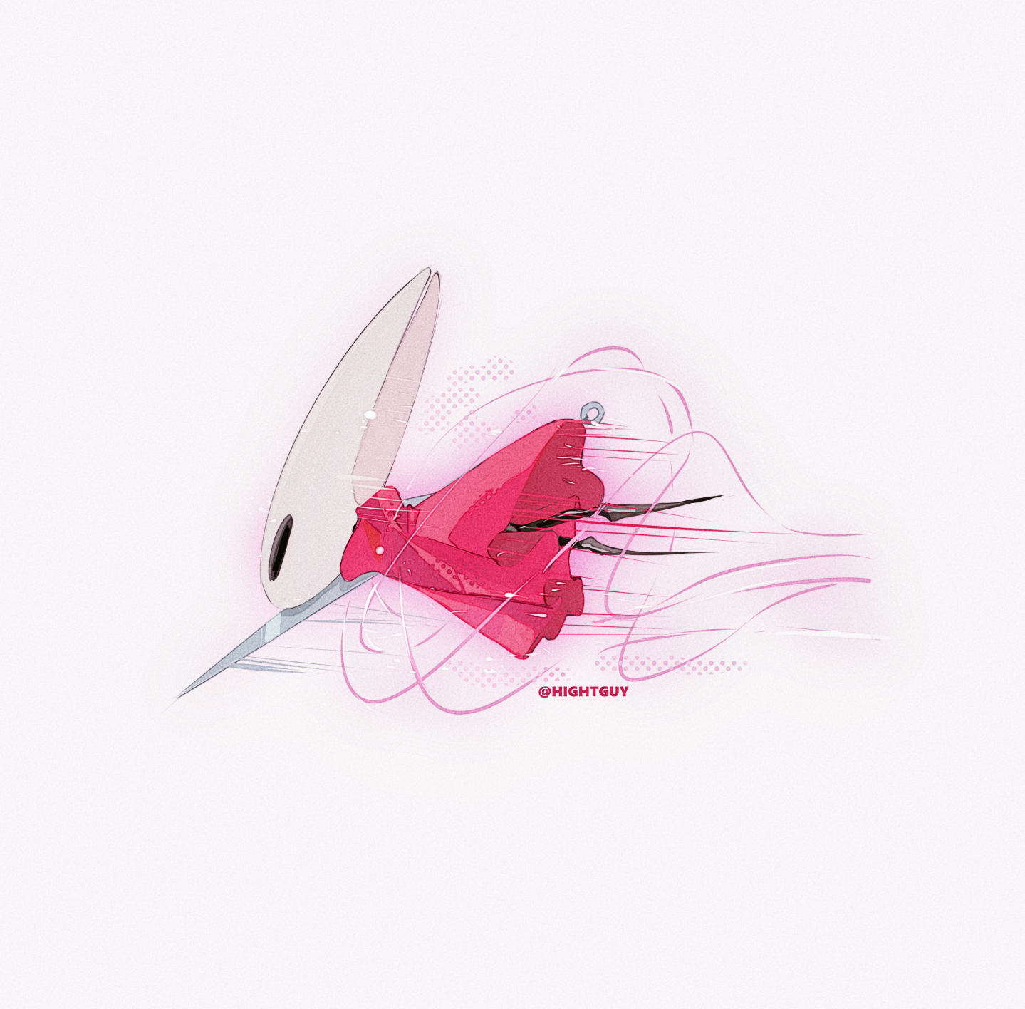hightguy, hornet (hollow knight), hollow knight, chinese commentary, commentary request, highres, 1girl, artist name, cloak, film grain, floating, full body, halftone, halftone background, hollow eyes, horns, looking ahead, no mouth, outline, pink outline, red cloak, simple background, solo