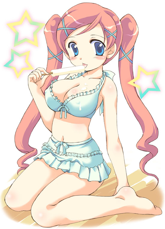 mizushiro takuya, akai maho, doki doki majo shinpan, 1girl, barefoot, bikini, blue eyes, breasts, cleavage, covered erect nipples, feet, female focus, food, large breasts, pink hair, popsicle, sitting, solo, swimsuit, toes, twintails, wariza, white bikini