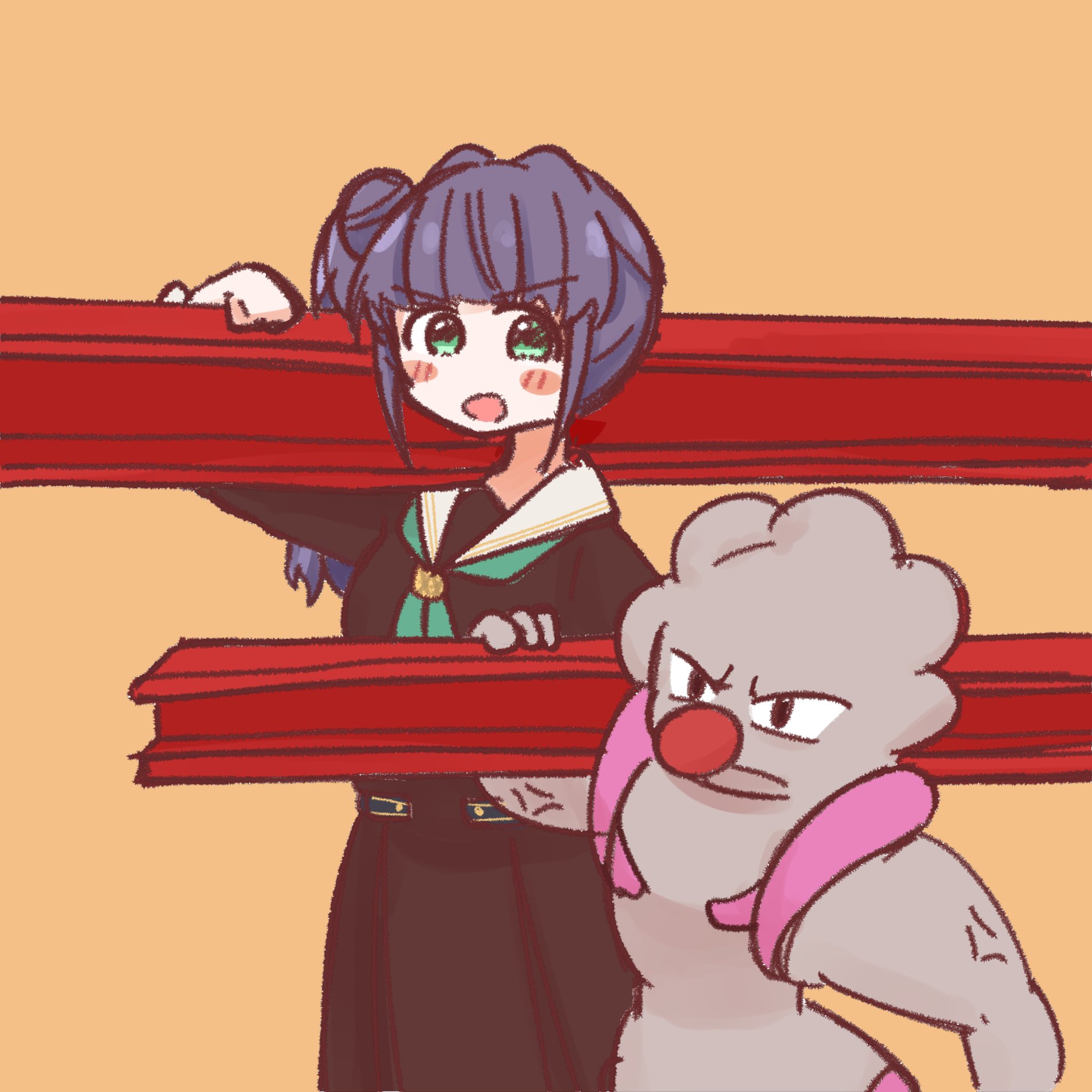 amado (amaddo club), gurdurr, otomune kozue, link! like! love live!, love live!, nintendo, pokemon, commentary, highres, 1girl, brown dress, carrying over shoulder, closed mouth, cowboy shot, crossover, dress, gen 5 pokemon, green eyes, green neckerchief, hair bun, hasu no sora school uniform, looking at another, neckerchief, open mouth, orange background, pleated dress, pokemon (creature), purple hair, sailor collar, sailor dress, school uniform, side ponytail, sidelocks, simple background, single side bun, steel beam, v-shaped eyebrows, virtual youtuber, white sailor collar