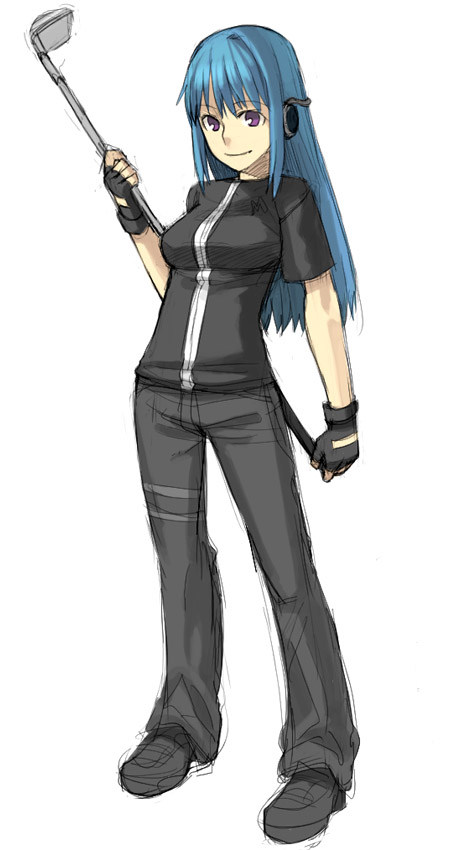 yu 65026, arin (pangya), pangya, 1girl, black shirt, blue hair, fingerless gloves, full body, gloves, golf club, headphones, long hair, pants, purple eyes, shirt, shoes, short sleeves, sidelocks, simple background, sketch, smile, standing, white background
