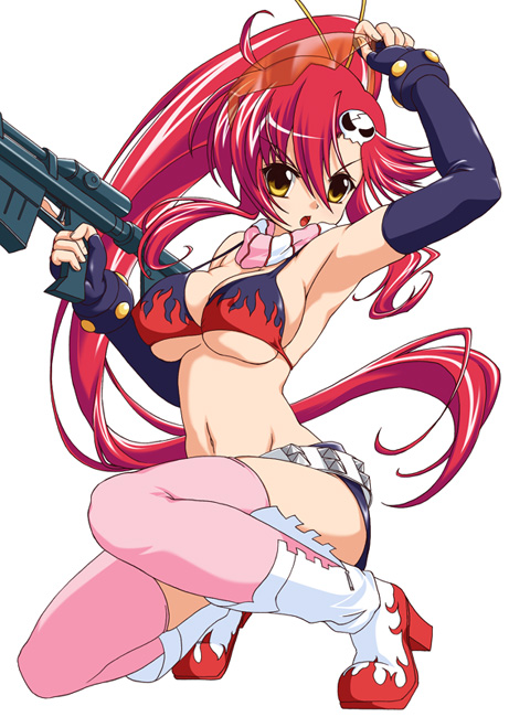 kirisawa tokito, yoko littner, tengen toppa gurren lagann, 00s, 1girl, anti-materiel rifle, armpits, belt, bikini, bikini top only, boots, bracelet, breasts, elbow gloves, female focus, fingerless gloves, gloves, gun, jewelry, large breasts, long hair, ponytail, red hair, rifle, safety glasses, scarf, short shorts, shorts, sniper rifle, solo, studded belt, studded bracelet, sunglasses, sunglasses on head, swimsuit, thighhighs, weapon, yellow eyes