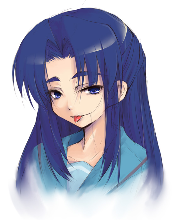 waku, asakura ryoko, suzumiya haruhi no yuuutsu, eyebrows, 00s, blue eyes, blue hair, hair in own mouth, long hair, school uniform, serafuku, solo, tongue